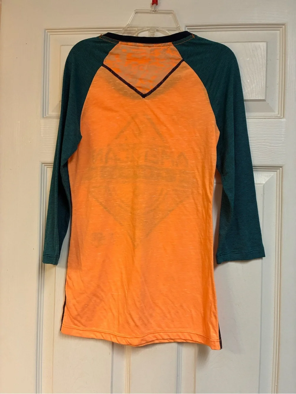2 American Fighter women’s small/ XS 3/4 Sleeve Raglan Tee’s Teal & Orange